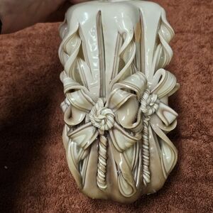Handcrafted Carved Candle in Cream and Brown 70s